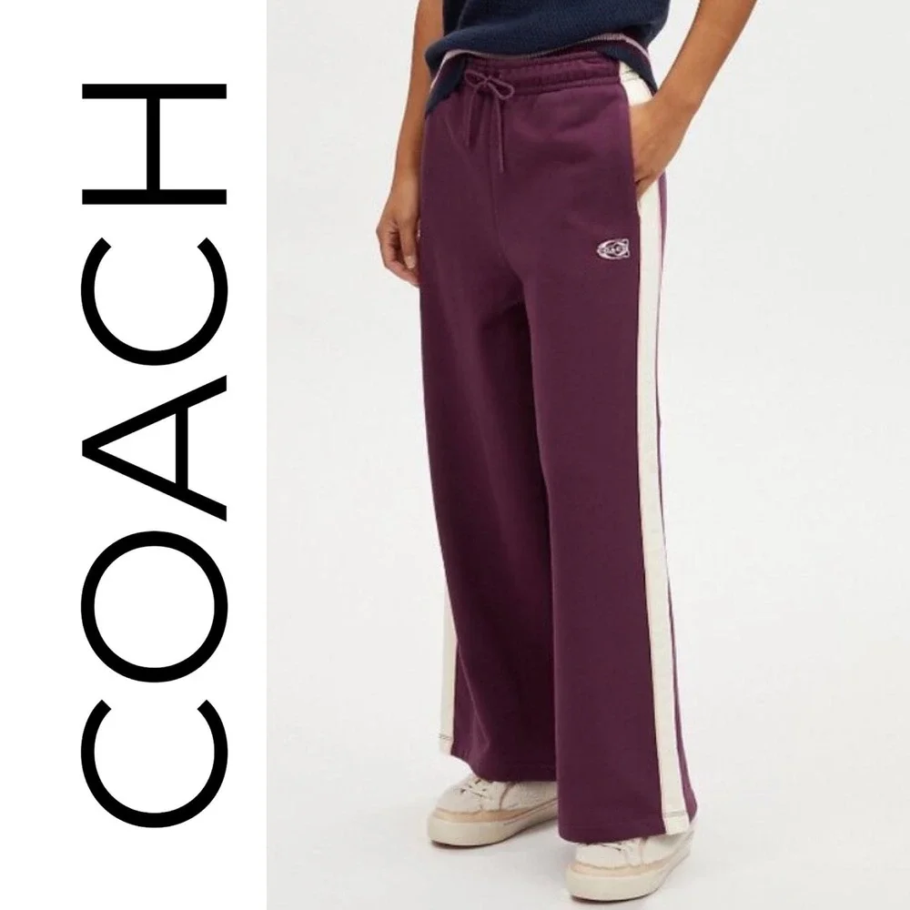 Coach NWT Sporty Wide Leg Cotton Track Pants Beet Purple Terrycloth Logo Women M